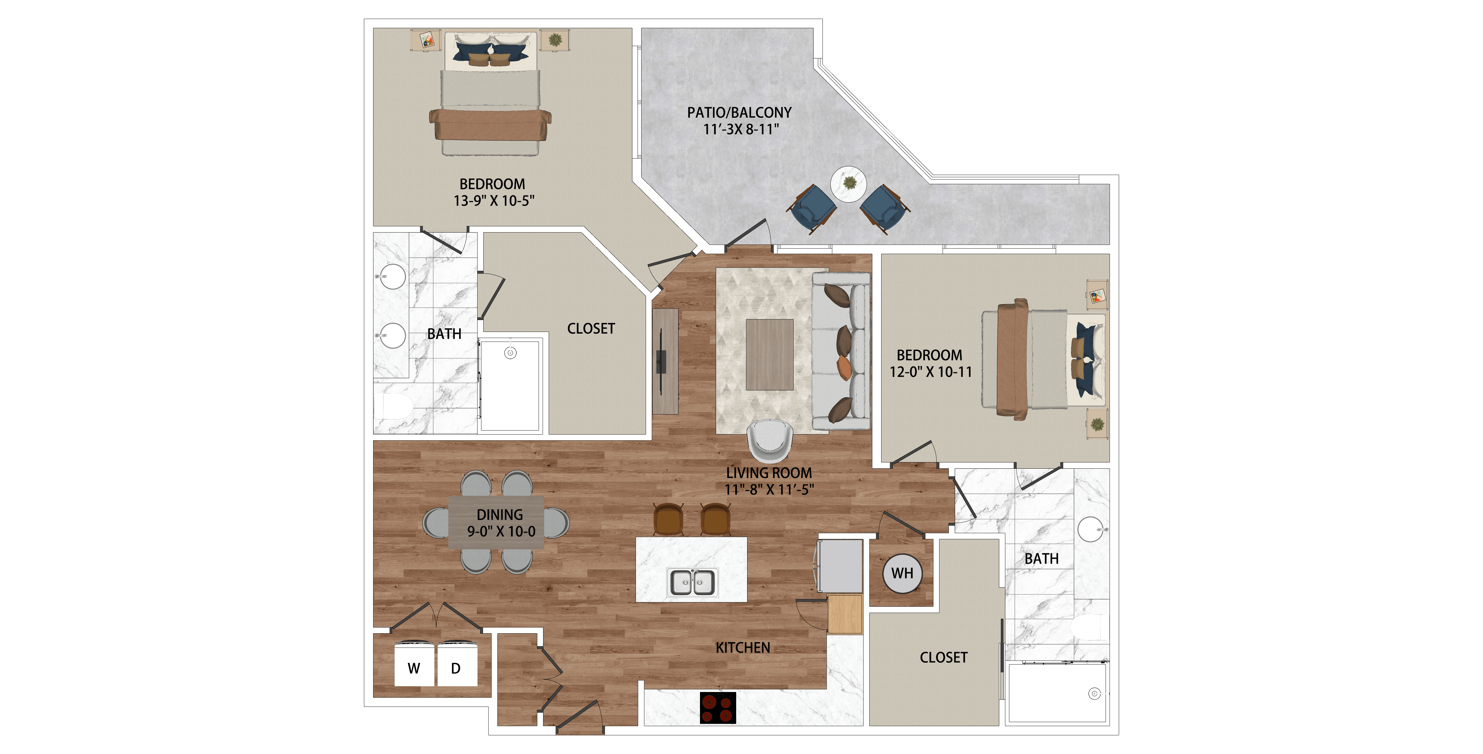 Floor plan for 2 beds, 2 baths, 1217 sqft
